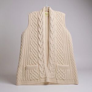 Kilronan Knitwear Merino Wool Sweater Vest L Ivory Cable Knit Granny Prairie